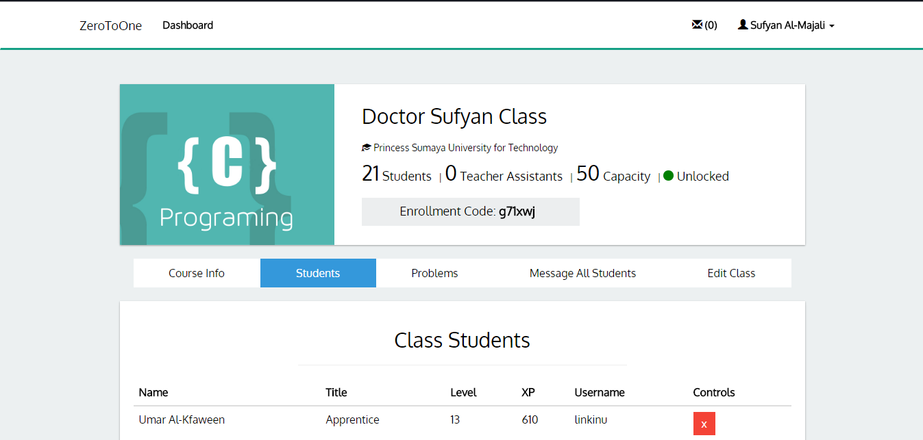 Students in class view for instructor in homework platform